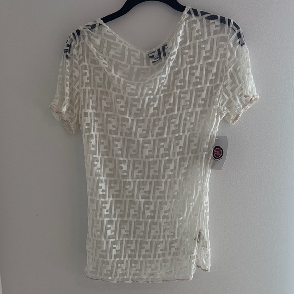 Vintage Fendi Sheer Logo-Pattern White Short-Sleeve Women’s Top - Picture 4 of 5
